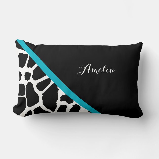 Chic Giraffe Skriv ut Aqua Blue Rand med Namn Lumbarkudde (Framsida)
