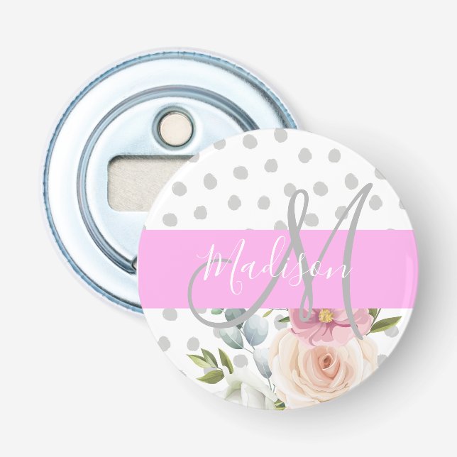 Chic & Girly Blommig Vit Rosa Grå Monogram Namn Flasköppnare (Framsidan)