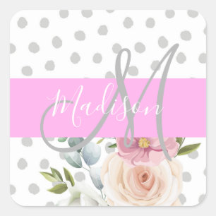 Chic & Girly Blommig Vit Rosa Grå Monogram Namn Fyrkantigt Klistermärke