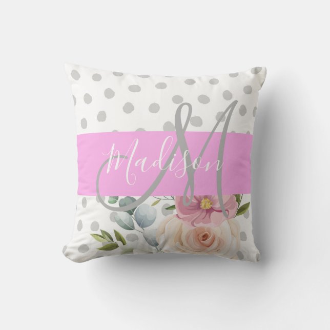 Chic & Girly Blommig Vit Rosa Grå Monogram Namn Kudde (Framsida)