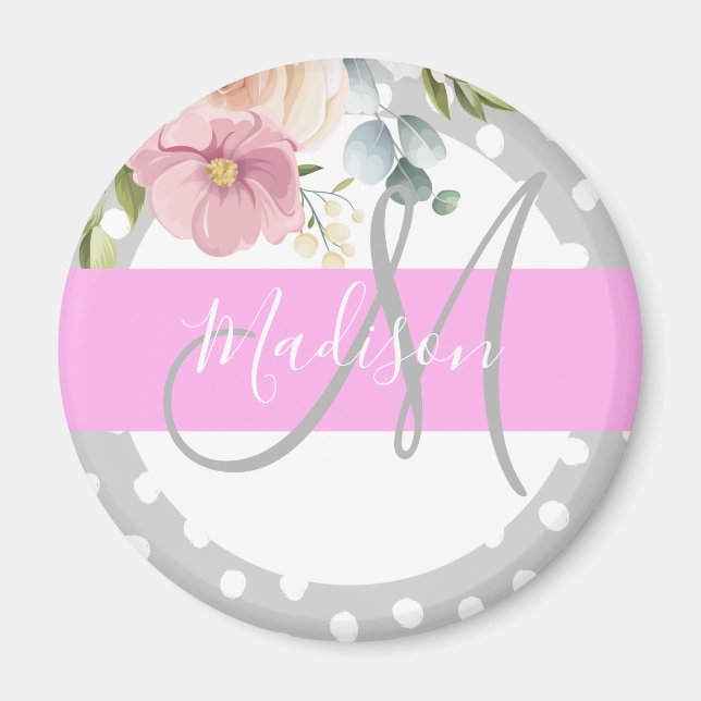 Chic & Girly Blommig Vit Rosa Grå Monogram Namn Magnet (Framsidan)