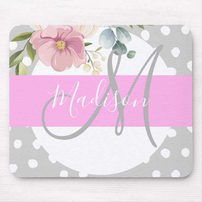 Chic & Girly Blommig Vit Rosa Grå Monogram Namn Musmatta (Framsidan)