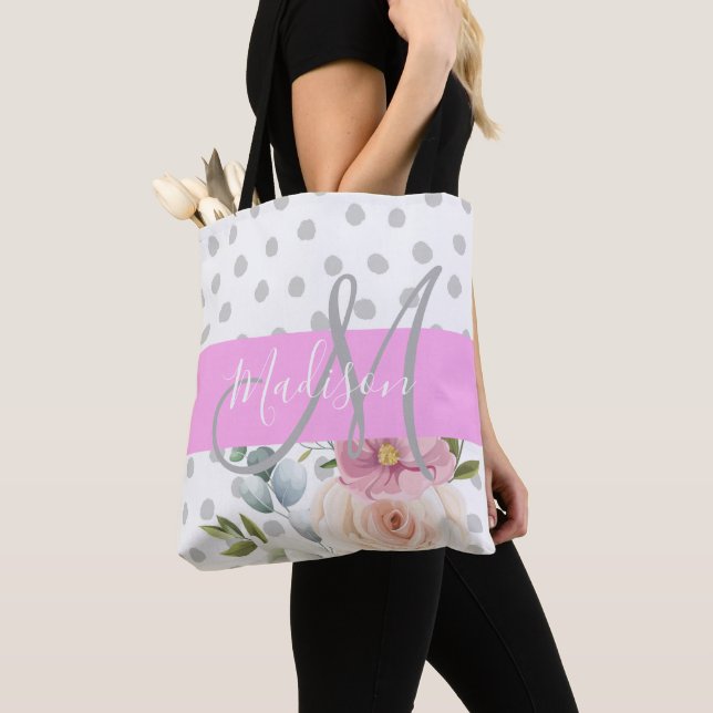 Chic & Girly Blommig Vit Rosa Grå Monogram Namn Tygkasse (Närbild)