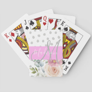 Chic & Girly Blommigt White Rosa Grått Monogram Na Casinokort