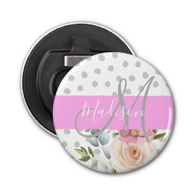 Chic & Girly Blommigt White Rosa Grått Monogram Na Flasköppnare (Framsidan)