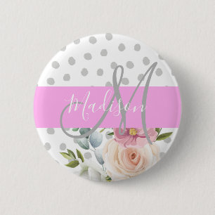 Chic & Girly Blommigt White Rosa Grått Monogram Na Knapp