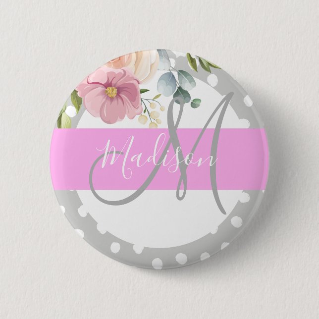 Chic & Girly Blommigt White Rosa Grått Monogram Na Knapp (Framsida)