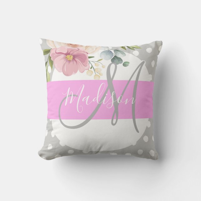 Chic & Girly Blommigt White Rosa Grått Monogram Na Kudde (Framsida)