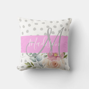 Chic & Girly Blommigt White Rosa Grått Monogram Na Kudde