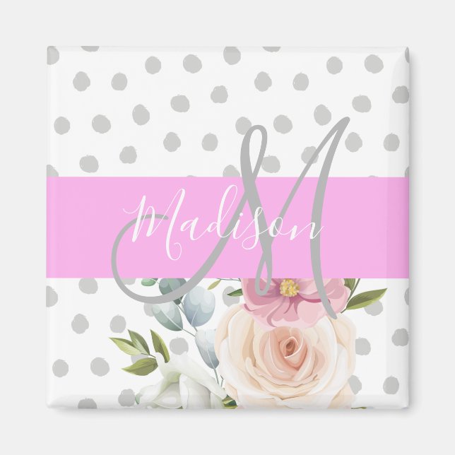 Chic & Girly Blommigt White Rosa Grått Monogram Na Magnet (Framsidan)