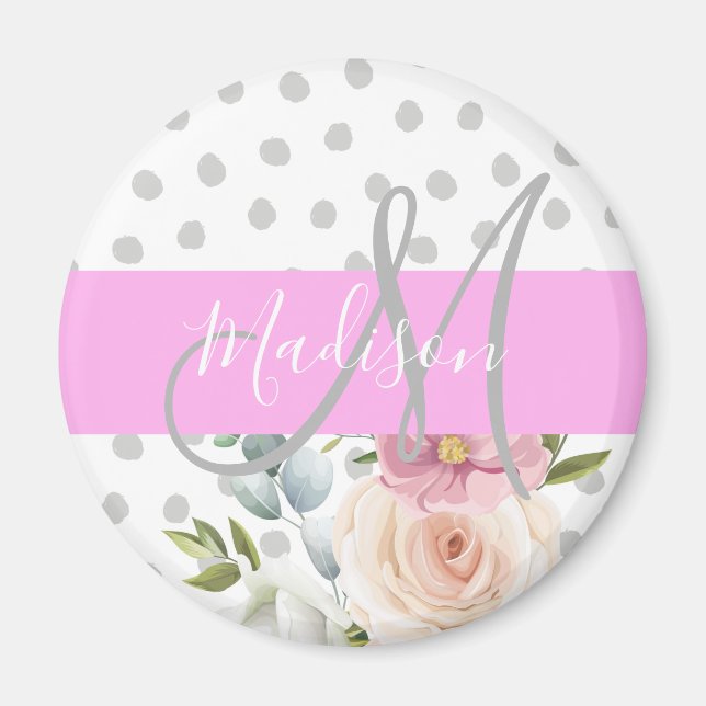 Chic & Girly Blommigt White Rosa Grått Monogram Na Magnet (Framsidan)