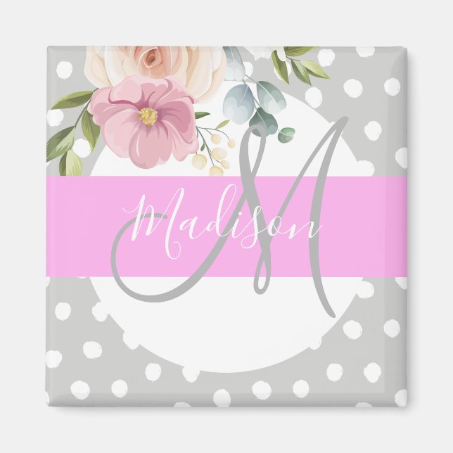 Chic & Girly Blommigt White Rosa Grått Monogram Na Magnet (Framsidan)