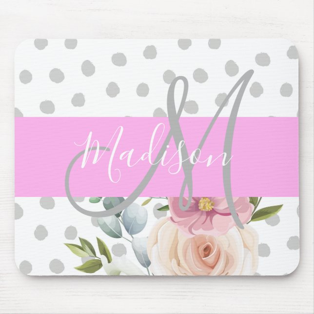 Chic & Girly Blommigt White Rosa Grått Monogram Na Musmatta (Framsidan)