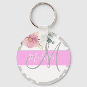 Chic & Girly Blommigt White Rosa Grått Monogram Na Nyckelring