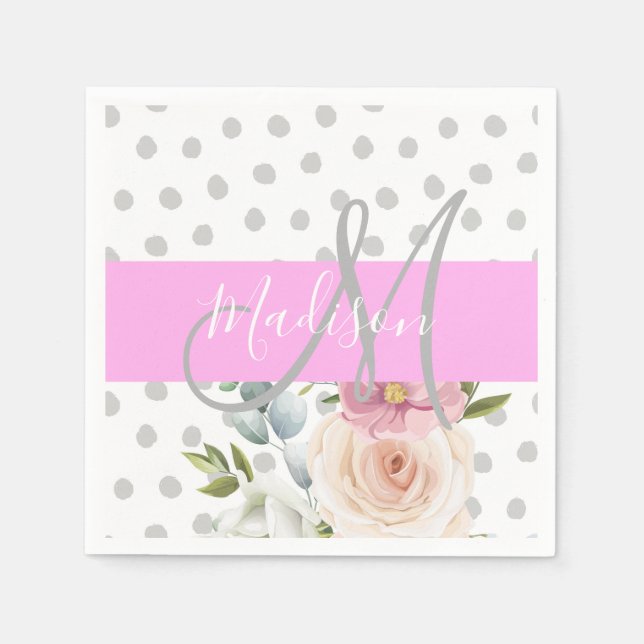 Chic & Girly Blommigt White Rosa Grått Monogram Na Pappersservett (Framsidan)