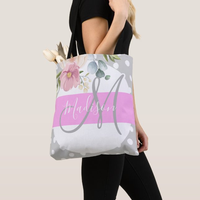 Chic & Girly Blommigt White Rosa Grått Monogram Na Tygkasse (Närbild)