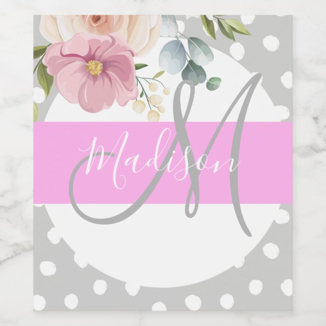 Chic & Girly Blommigt White Rosa Grått Monogram Na Vinflaska Etikett (Singel etikett)