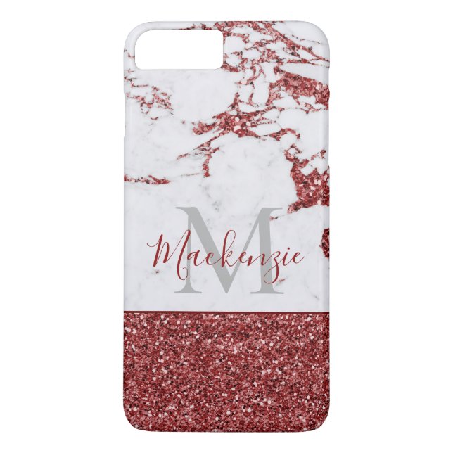 Chic Girly Burgundy Rosa Glitter Marble Monogram Case-Mate iPhone Skal (Baksida)