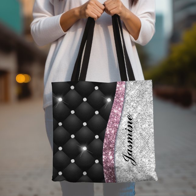 Chic girly faux Silver glitter black pink monogram Tygkasse (Skapare uppladdad)