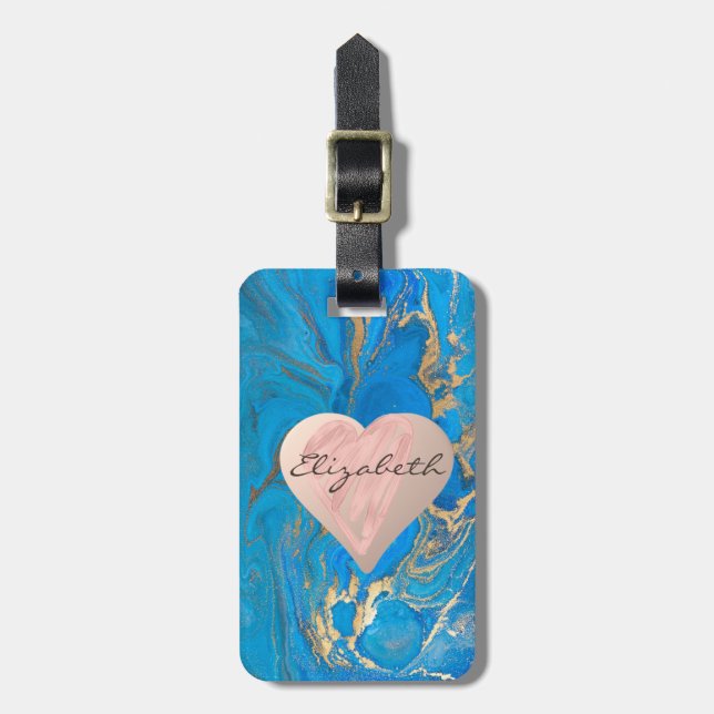 Chic Girly Hearts,Blue Guld Marble - Personlig Bagagebricka (Vertikal Framsida)
