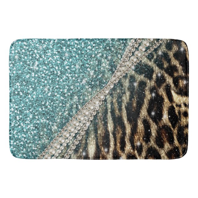 Chic Girly Leopard Skriv ut blått Glitter Badrumsmatta (Framsidan)