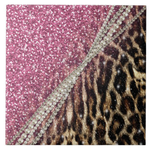 Chic Girly Leopard Skriv ut Rosa Glitter Kakelplatta