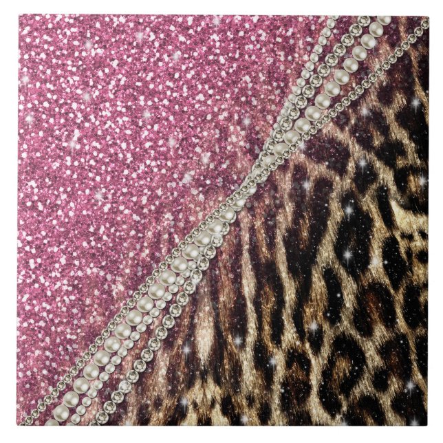 Chic Girly Leopard Skriv ut Rosa Glitter Kakelplatta (Framsidan)