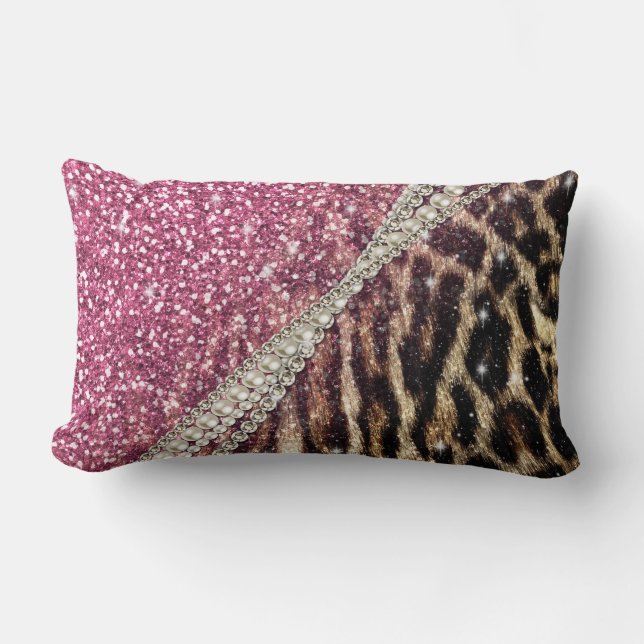 Chic Girly Leopard Skriv ut Rosa Glitter Lumbarkudde (Framsida)
