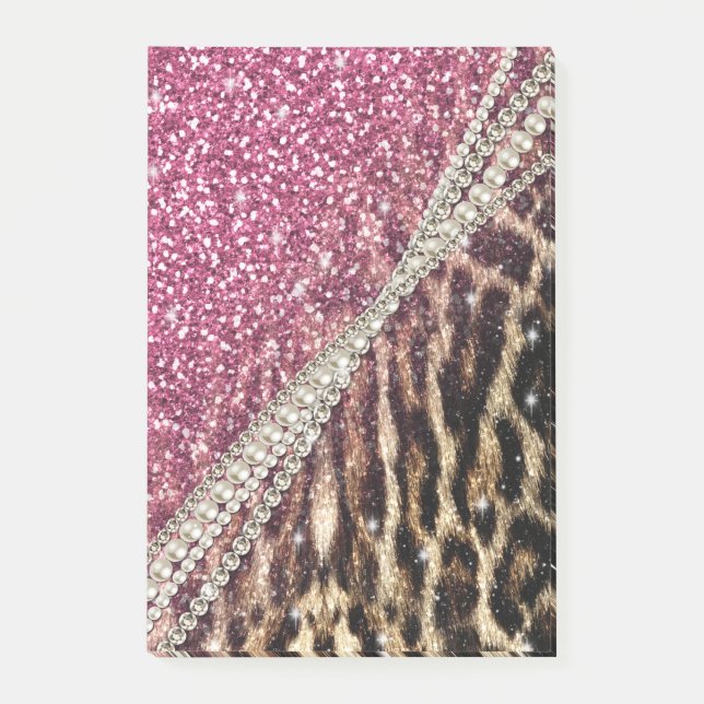 Chic Girly Leopard Skriv ut Rosa Glitter Post-it Block (Framsida)
