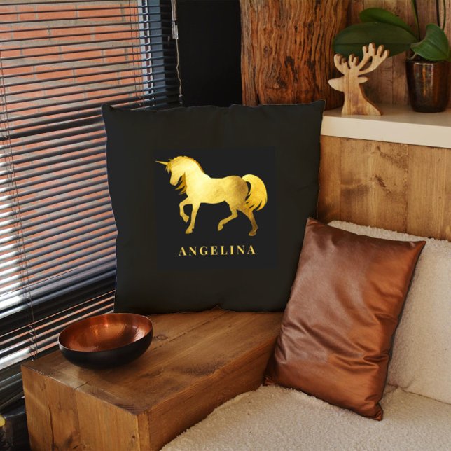 Chic Girly Luxury Black Guld Unicorn Personlig Kudde (Skapare uppladdad)