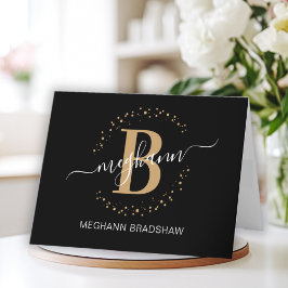 Chic Girly Modern Black Guld Namn Monogram Tack Kort