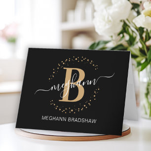 Chic Girly Modern Black Guld Namn Monogram Tack Kort