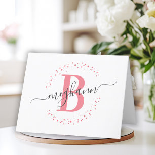 Chic Girly Modern White Rosa Namn-skript Monogram Tack Kort