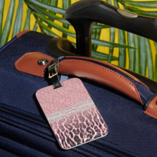 Chic Girly Pink Leopard animal print Glitter Image Bagagebricka (Framsida Insitu 1)