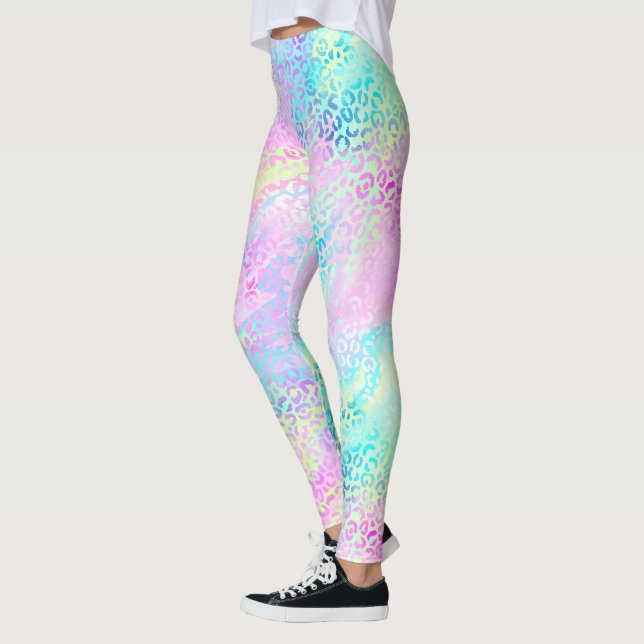Chic Girly Rainbow Shimmer Leopard Skriv ut Leggings (Vänster)