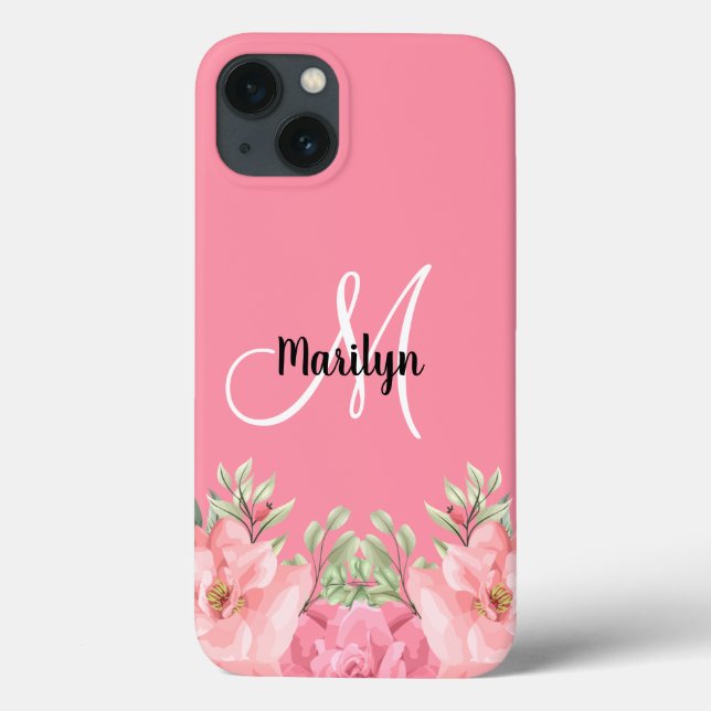 Chic Girly Rosa Blommigt Monogram Namn (Baksida)