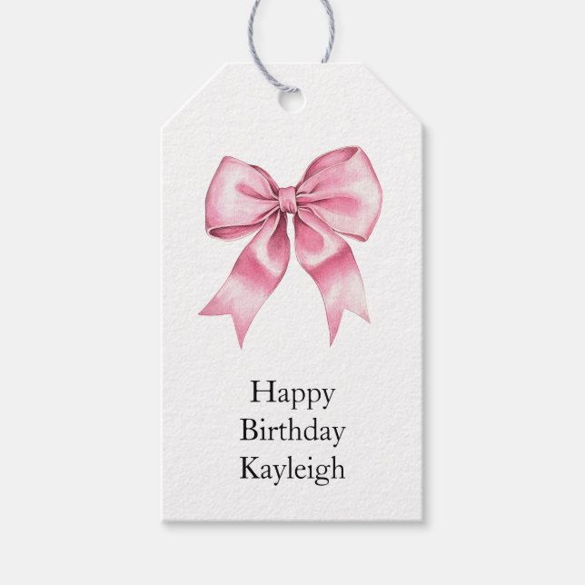 Chic Girly Rosa Bows Birthday Presentetikett (Framsidan)