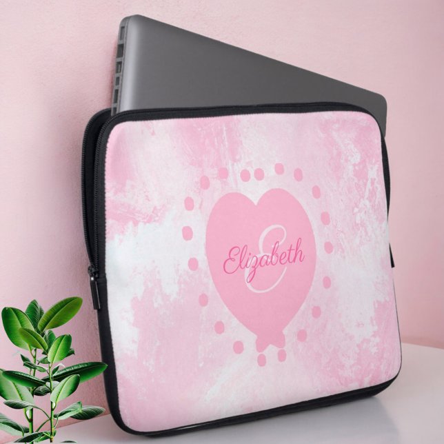 Chic Girly Rosa Heart Monogram Initial vattenfärg Laptop Fodral (Angled open neoprene laptop case. Laptop not included.)