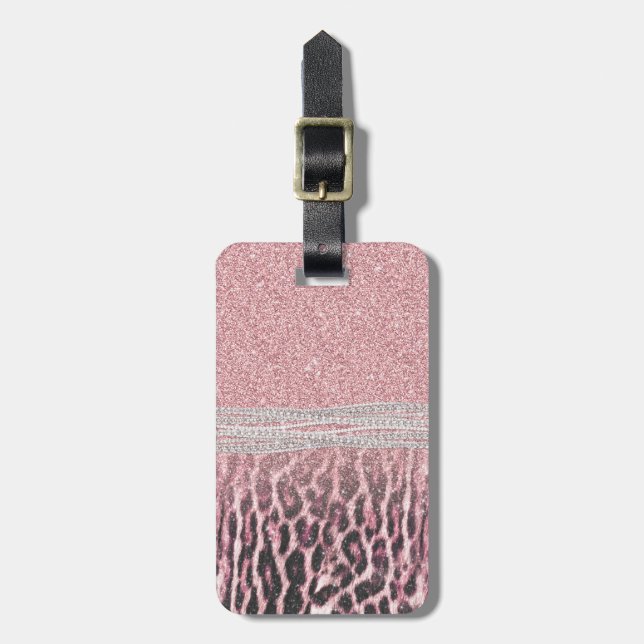 Chic Girly Rosa Leopard-djur Glitter Image Bagagebricka (Vertikal Framsida)