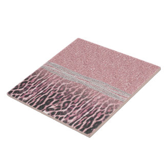 Chic Girly Rosa Leopard-djur Glitter Image Kakelplatta