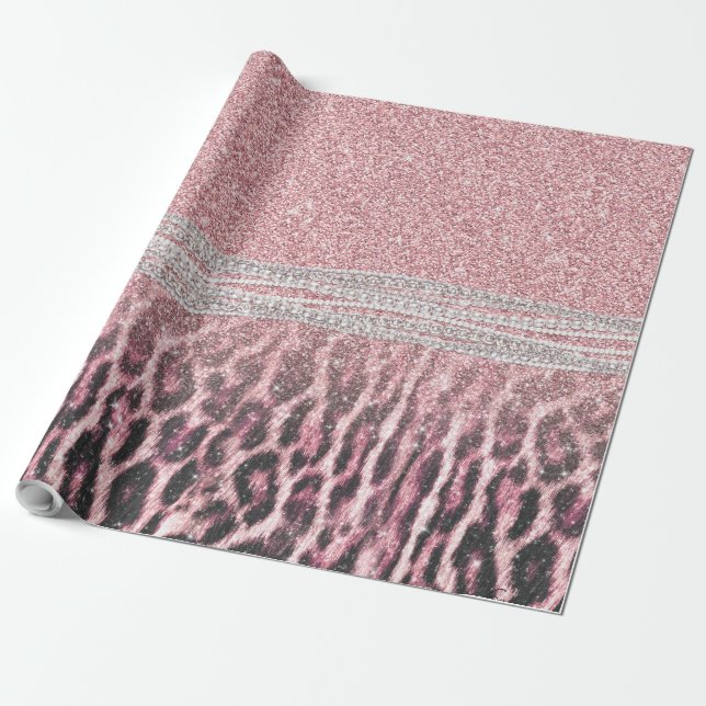 Chic Girly Rosa Leopard-djur Glitter Image Presentpapper (Utrullad)
