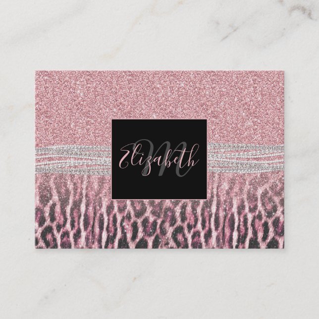 Chic Girly Rosa Leopard-djur Glitter Image Visitkort (Framsida)