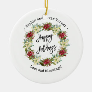 Chic Glad helg Script Poinsettia Monogram Julgransprydnad Keramik