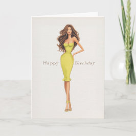 Chic Glam Brunette Woman in Yellow Dress Birthday Kort