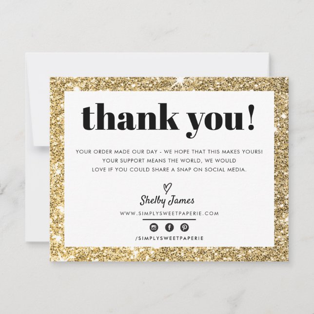 Chic glam guld glitter LOGOTYP  TACK Kort (Framsida)