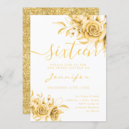 Chic Glam Guld Sweet 16 Glitter Blommigt Inbjudningar