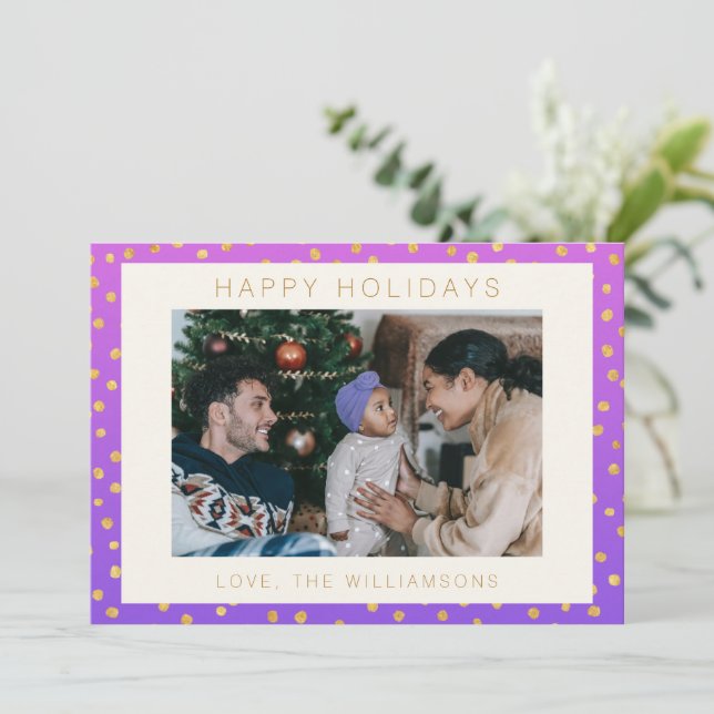 Chic Glam Lila Guld Prickmönster Personlig Foto Julkort (Stående Fram)