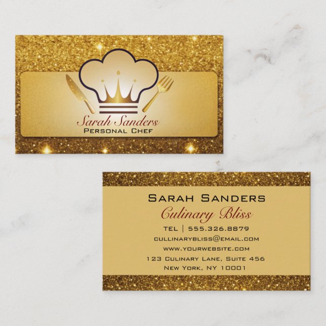Chic glam Personal Chef Catering Guld Glitter Visitkort (Fram/baksida)