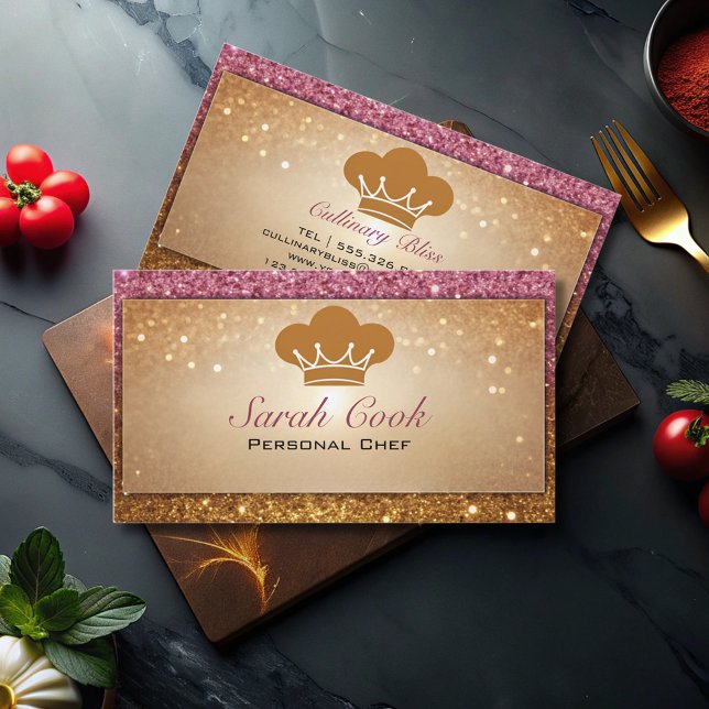 Chic Glam Personal Chef Catering Rosa Guld Glitter Visitkort (Skapare uppladdad)