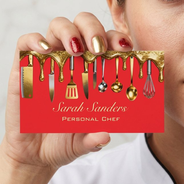 Chic glam Personlig kock Catering Guldglitter  Visitkort (Skapare uppladdad)